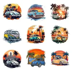 25CM Summer Poster City Scenery Iron-On Transfers For Clothing Heat Transfer Diy Hoodies Clothes Retro car iron stickers