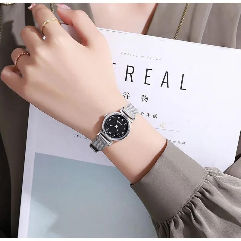 Fashion Simplicity Style Korean Women Student Watch Digital Small Dial Stainless Steel Mesh Strap Quartz Sliver Wristwatch