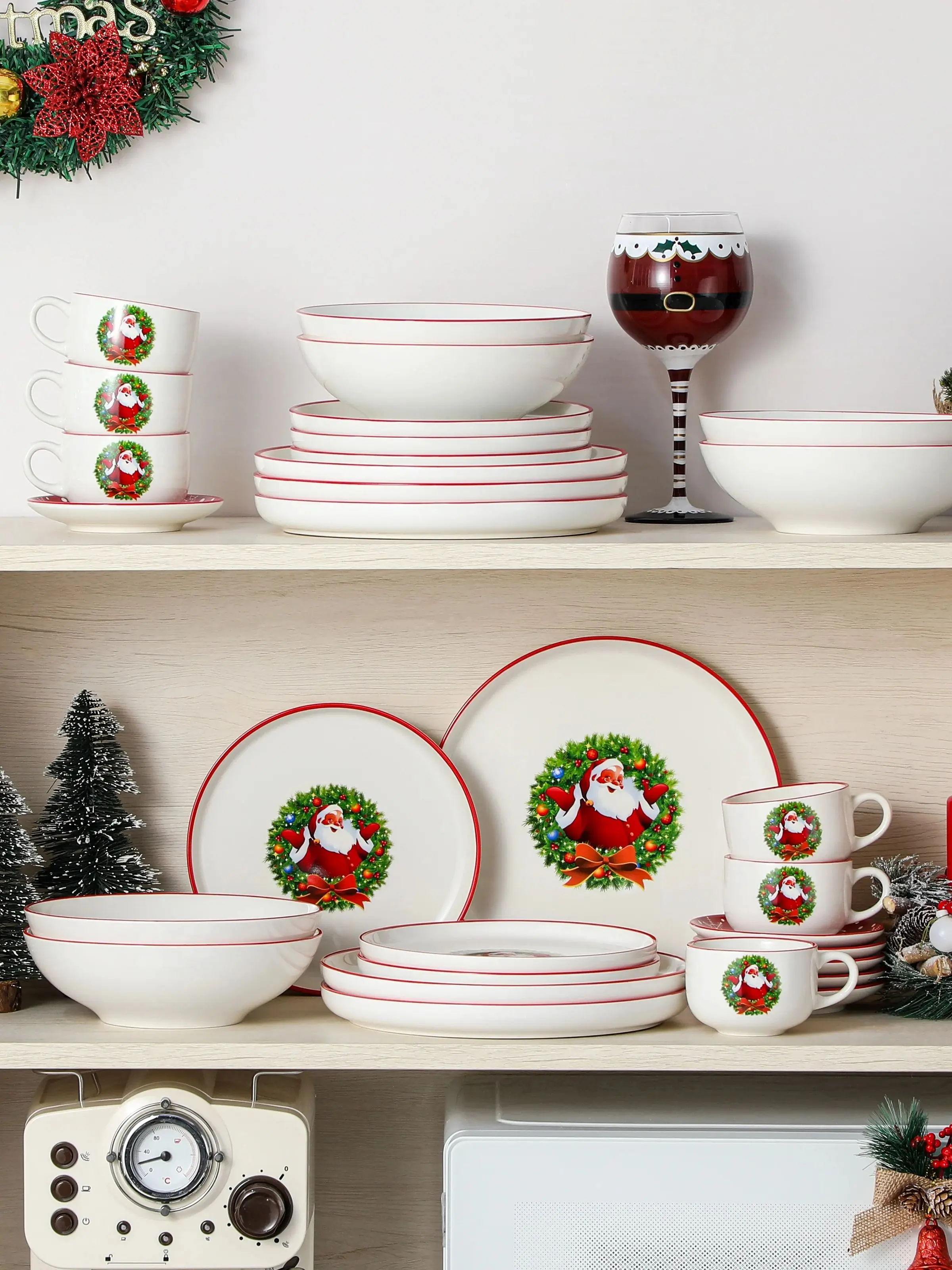 VEWEET – service de vaisselle de noël 12/30 pièces, ensemble d'assiettes en céramique pour arbre de noël avec assiette à dîner/dessert/soupe/bol/tasse 4/6 pièces