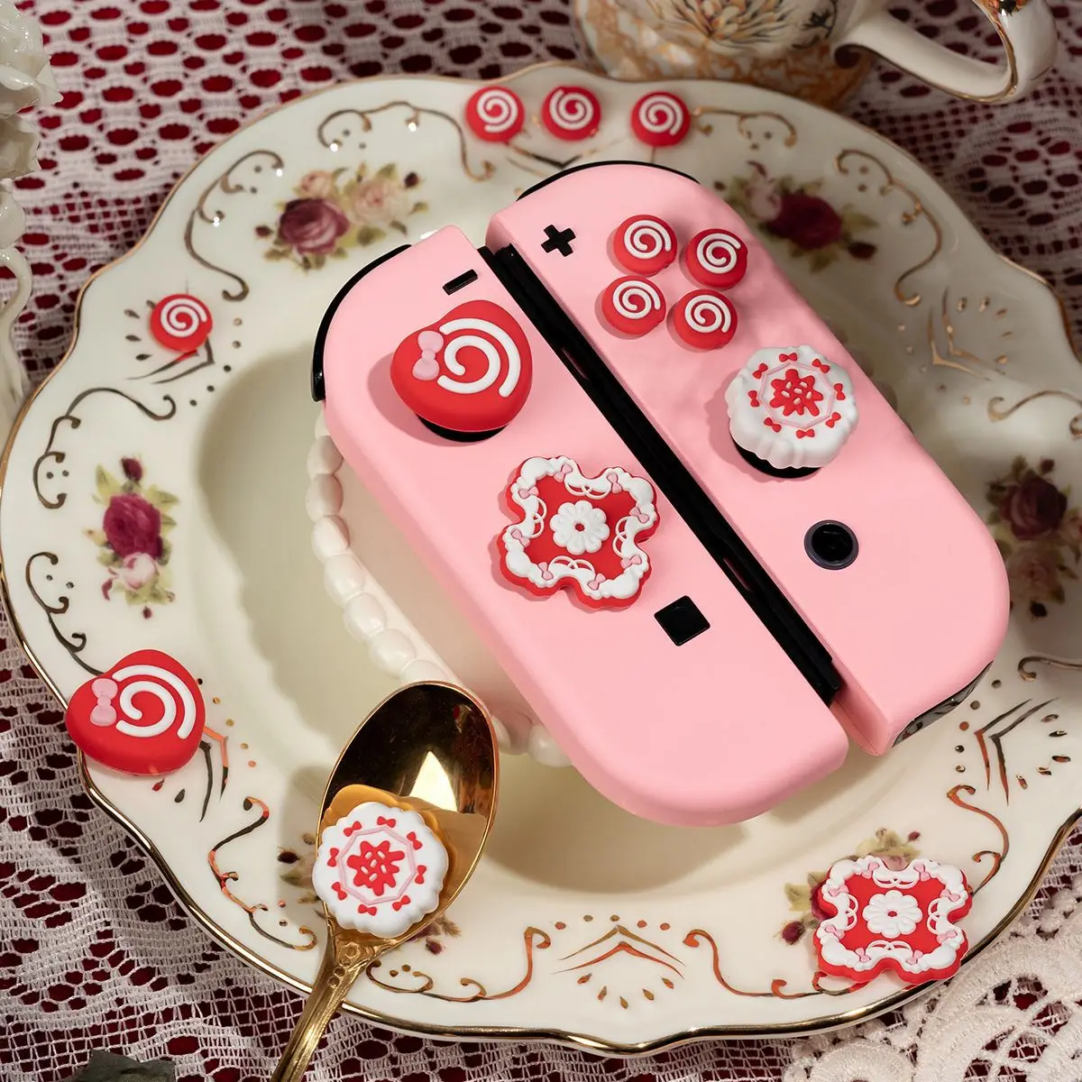 Sweet Raspberry Silicone Soft Dpad Cross Button ABXY Key Sticker Skin Case For Switch Oled NS Joy-con Thumb Stick Grip Cap Cover