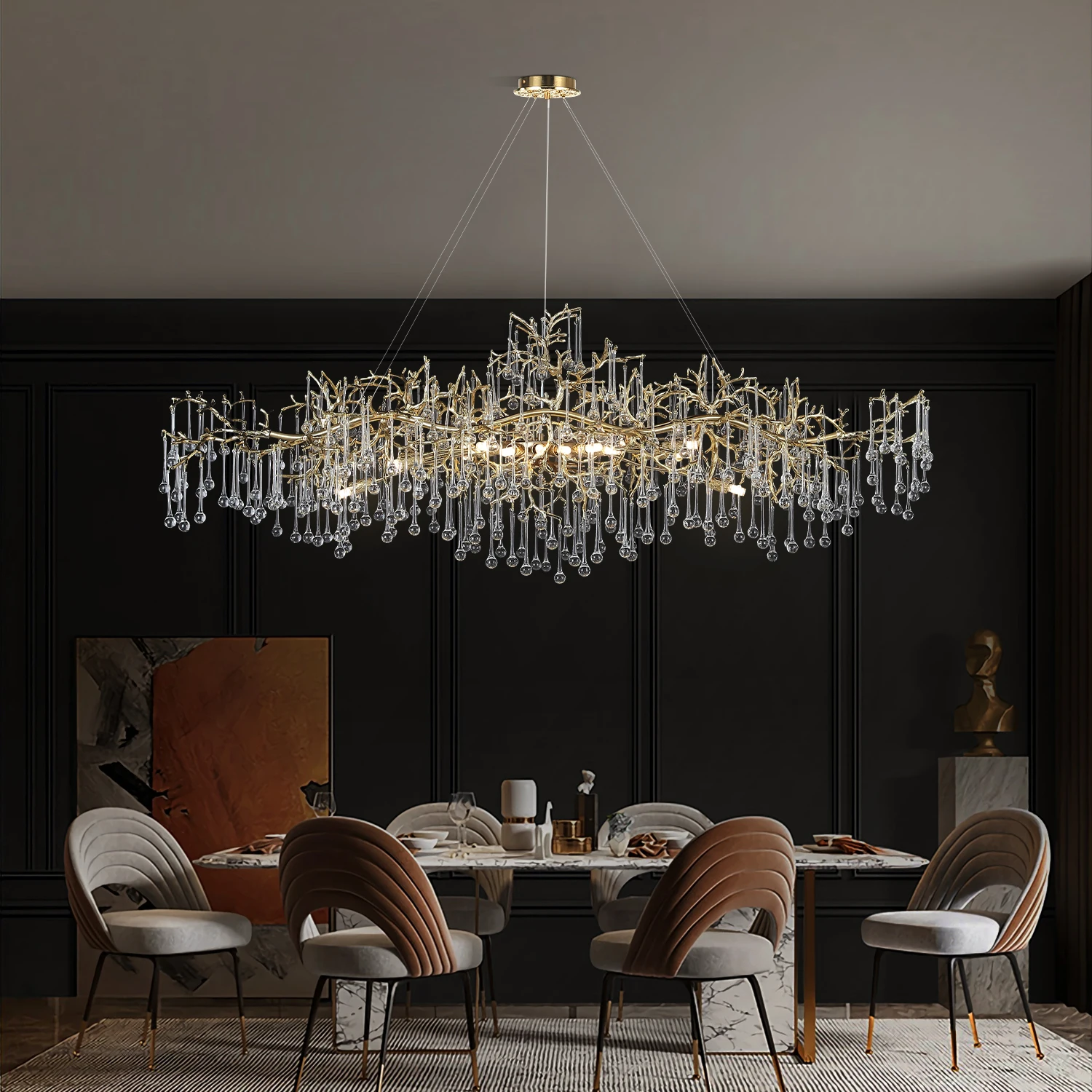 

Роскошная золотая хрустальная люстра для кухонного стола, гостиной, столовой, винтажная Золотая ветка дерева, каплевидные хрустальные люстры, золото