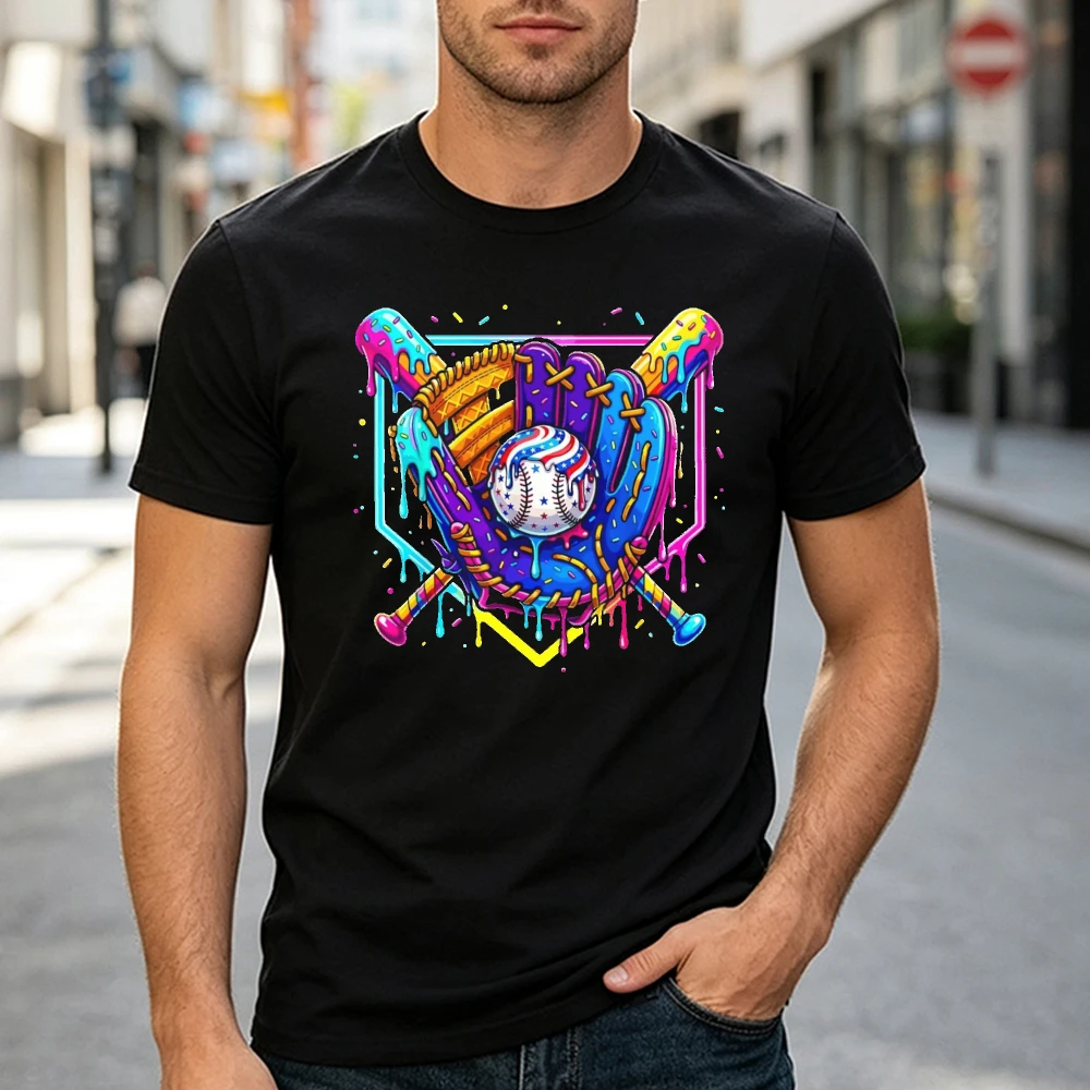 Rainbow Drip Glove Bat Men Black Tee Colourful Baseball Fan Sports Equipment Trendy T Shirt Artistic Graphic Tees
