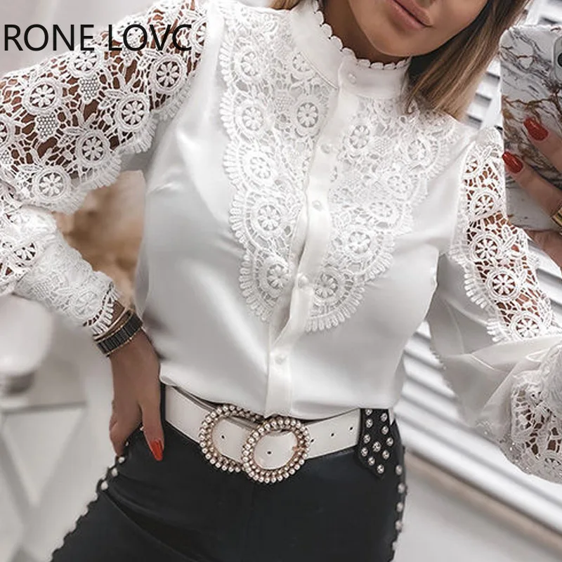 Elegant Women Solid Color Shirts Single-Breasted Design Lace Decor See Through V/O-Neck Long Sleeve Slim Spring Autumn Top