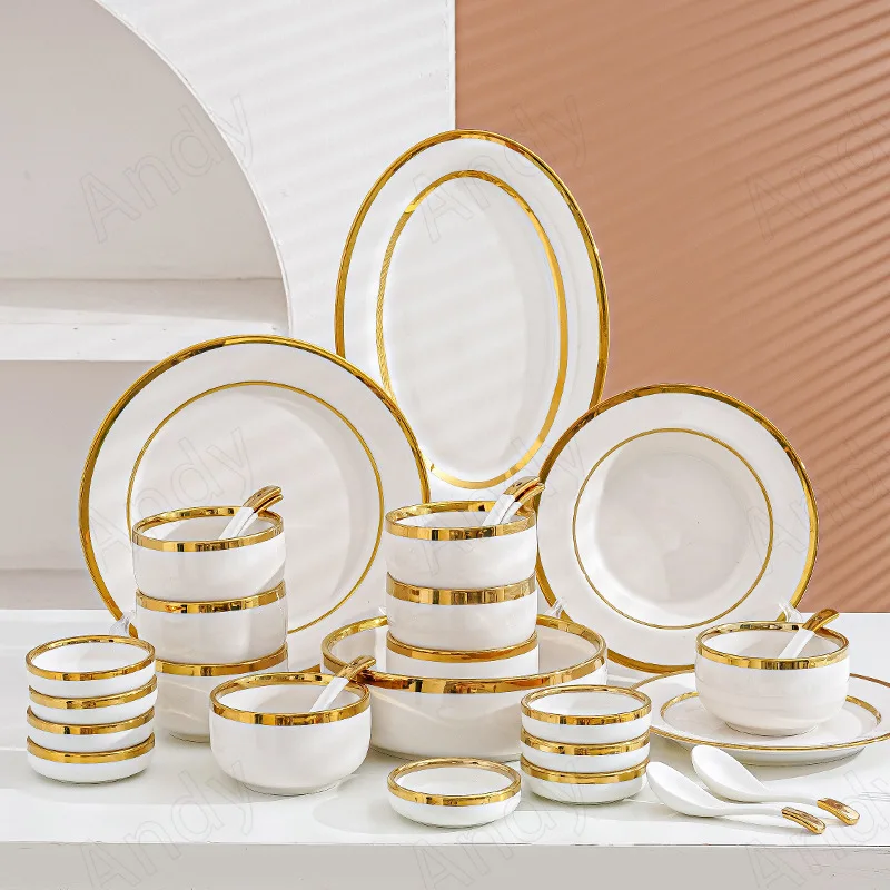 European Ceramic Plate Set Gold Stroke Decor Living Room Dinner Set Plates and Dishes Creative Western Restaurant Steak Dish