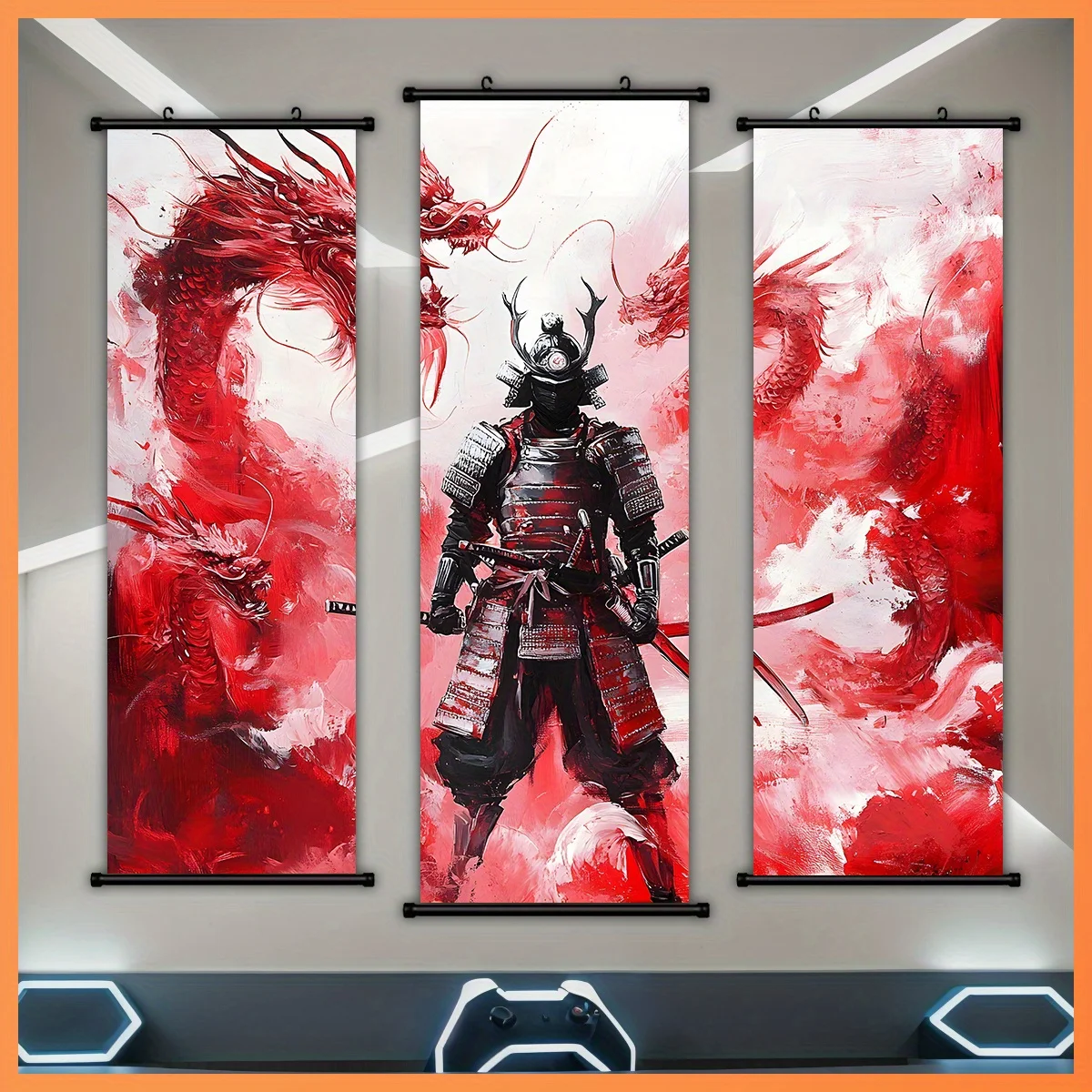 VIKAMA Red Ink Armored Warrior Scroll Tapestry, HD Fade Resistant Wall Hanging Scroll Art for Bold Room Decor