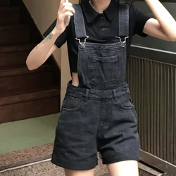 Women's Black Denim Jumpsuit Shorts Summer Playsuit Rompers Vintage Overalls Cargo Pants for Girl Teenage Student Clothes