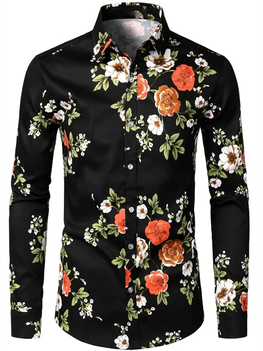 Camisas de manga larga con estampado 3D de flores a la moda para hombre, Tops con botones a la moda, camisas informales con solapa para otoño, ropa para hombre