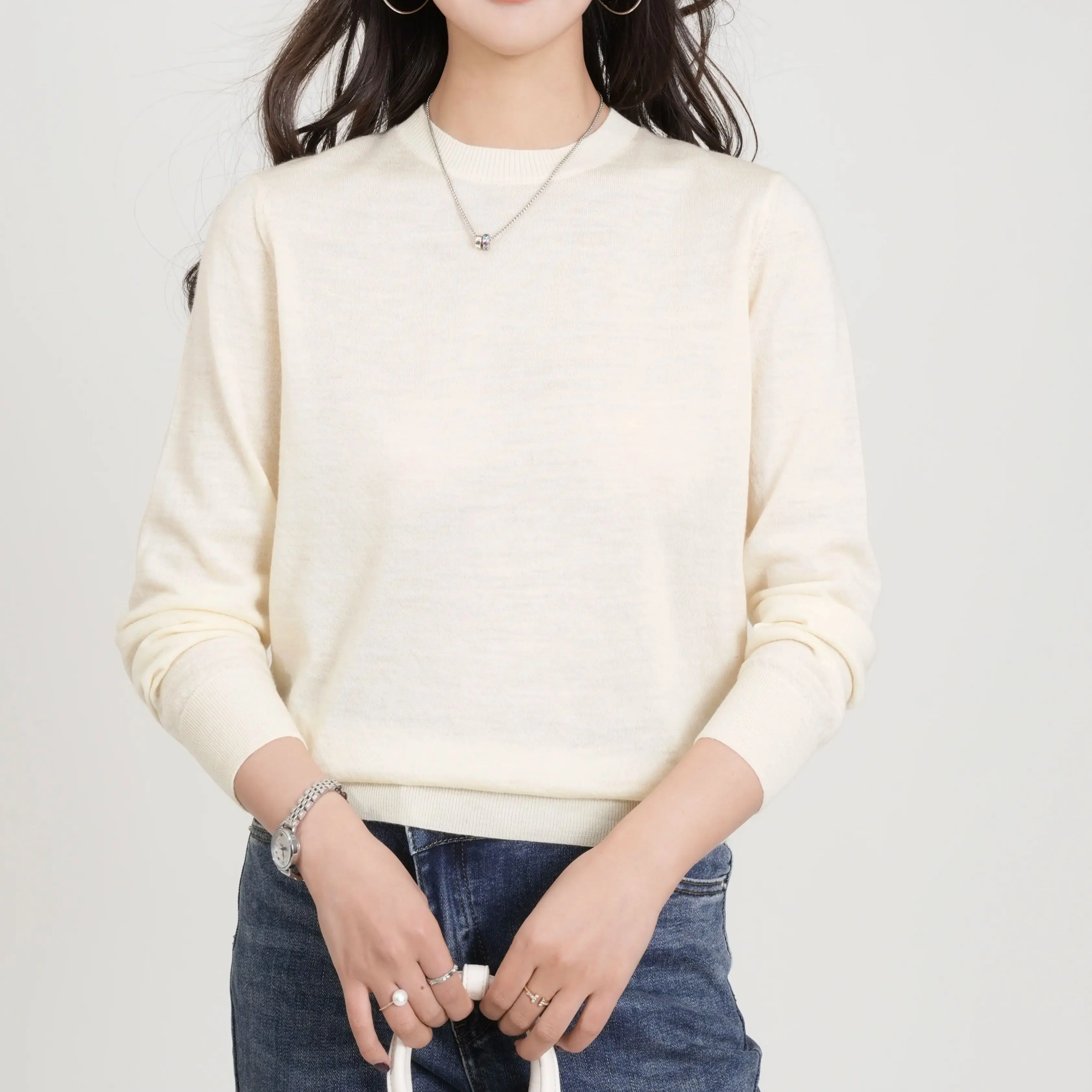 

100%Merino Pure Wool Superfine Textile Wool Knitwear Spring and Autum Light and Warm Round Neck Bottoming Shirt Women's Knitwear