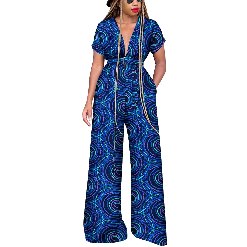 Summer New Fashion Africa Cotton Wax Print Romper African Bazin Riche Sexy Jumpsuit for Women Dashiki Elegant Jumpsuit WY9146