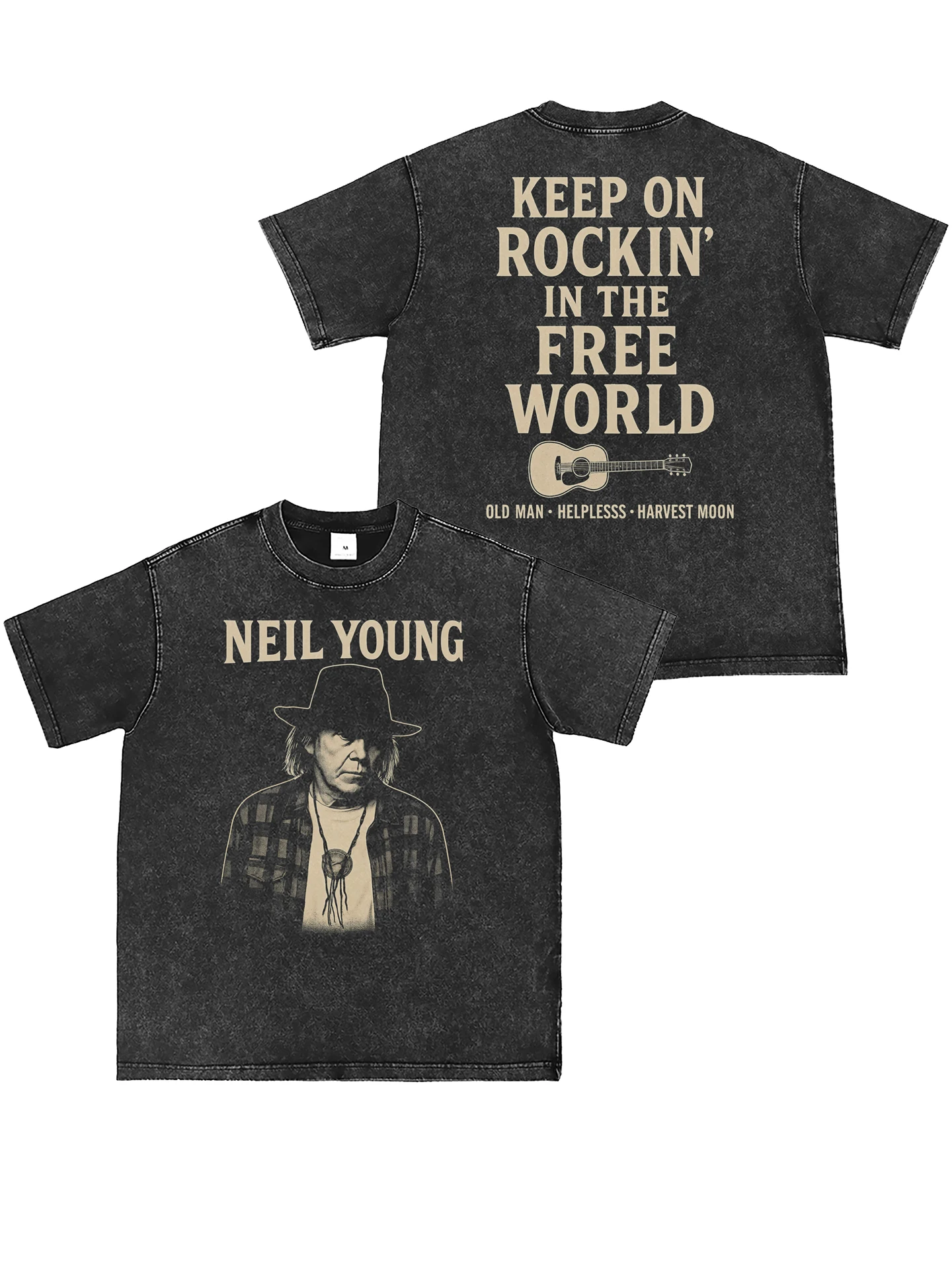 Neil Young Digital Direct Spray Washed Vintage Grey American Street Punk Rock Band Short Sleeve T-Shirt Loose Fit Cotton Yout...