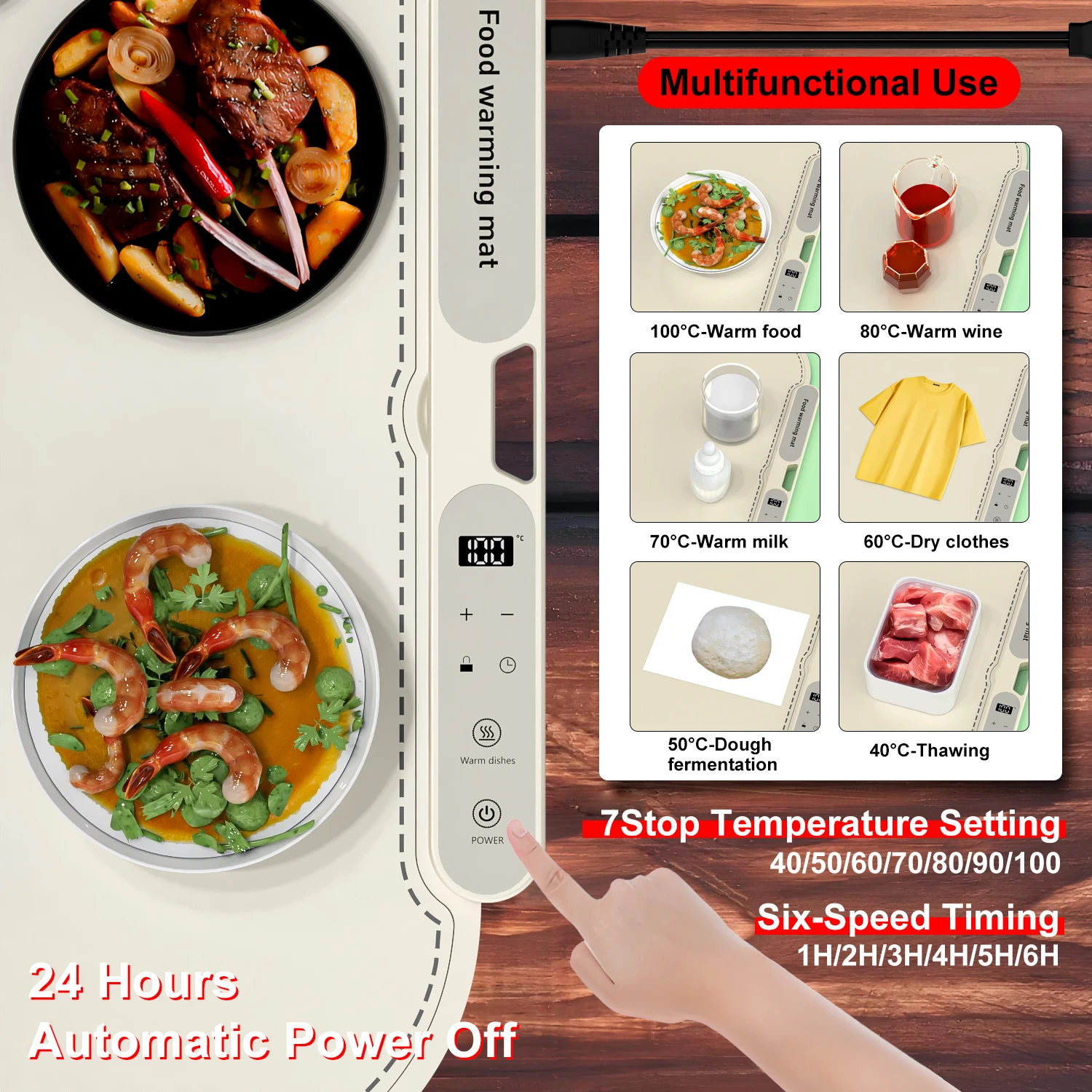 Electric insulation pad for clothes or plates with 8 timer level collapsible body food heating pad
