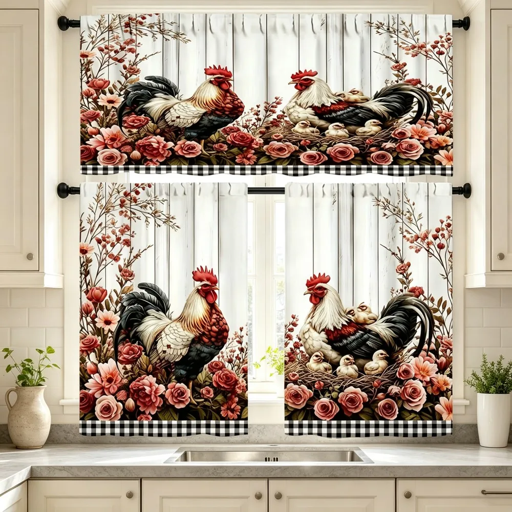 Farm Kitchen Curtains, Rooster Hen Chick Rose Floral, Digital Print, Kitchen Dining Room, Rod Pocket Polyester, Home Decor