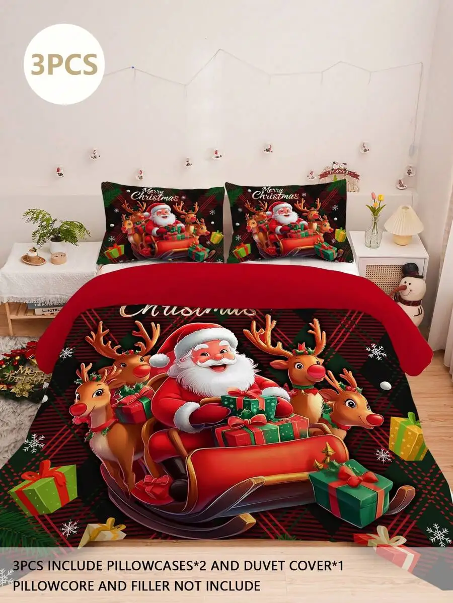 طقم سرير عيد الميلاد مكون من 3 قطع: ناعم ومريح مصنوع من نسيج بوليستر 100% سانتا كلوز ونمط زلاجات مناسب لغرفة النوم #1