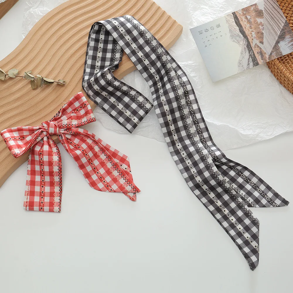 New Summer Gingham Skinny Scarf for Women, Pastoral Style Neck Scarf, Hair Band & Waist Belt, Versatile Fashion Tie