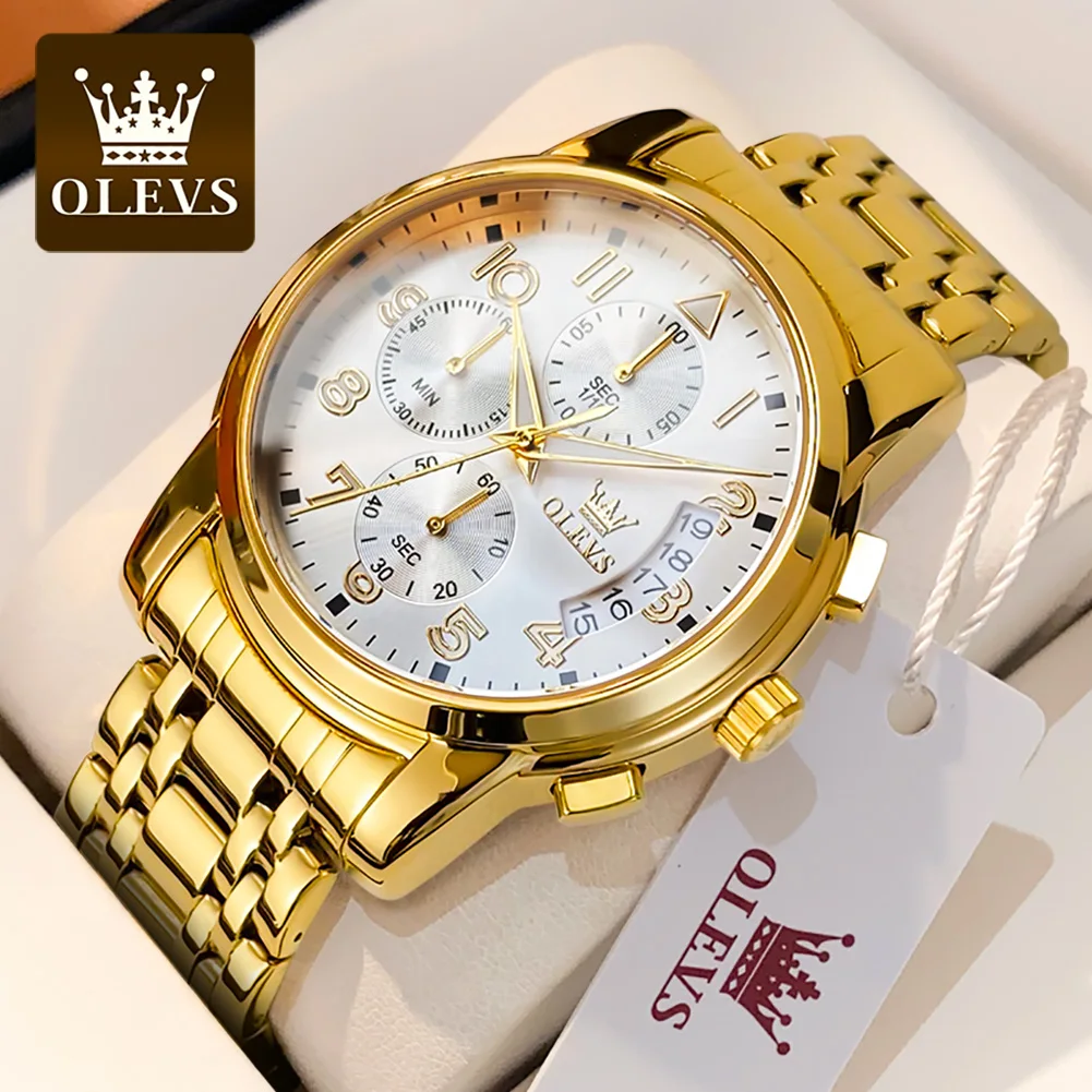 

OLEVS Original Quartz Watch for men Luxury Stainless Waterproof Luminous Chronograph Gold Dial Business Man Watch Reloj Hombre