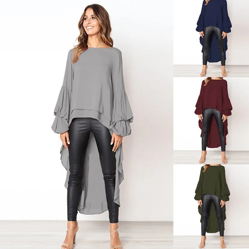 Elegant Solid Color Chiffon Shirts Women O Neck Lantern Sleeves Irregular Long Blouses Tops Temperament Lady Commuting Clothing