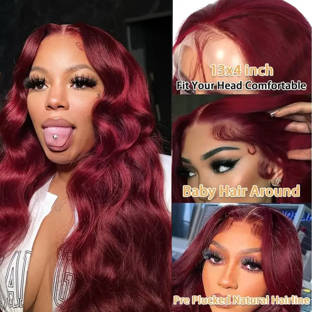 99J Burgundy Lace Front Wigs For Women 13x4 Body Wave HD Transparent Lace Frontal Wigs Pre Plucked Wet and Wavy Glueless Wig