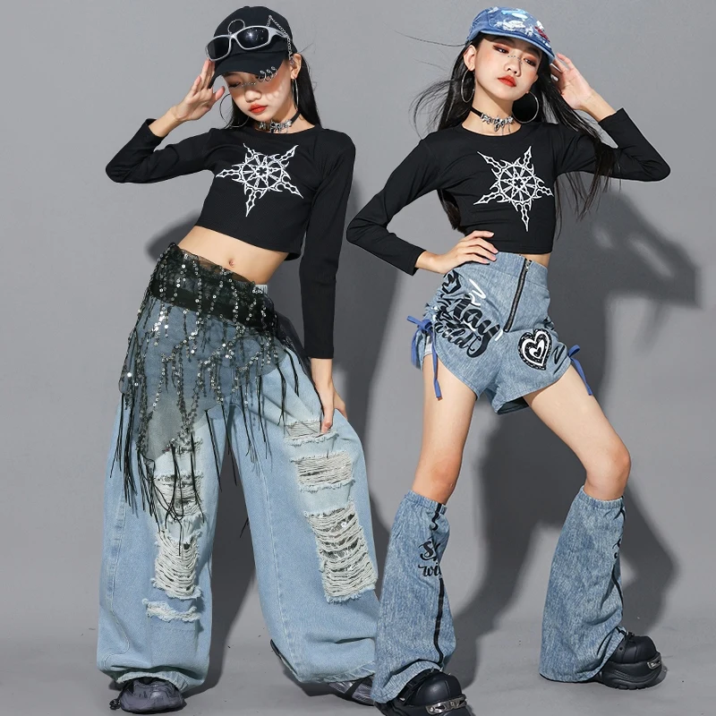Abbigliamento Kpop per ragazze Costume da ballo jazz Bambini Maniche lunghe Abbigliamento da strada Top neri Jeans Abiti da performance Hip Hop BL17104