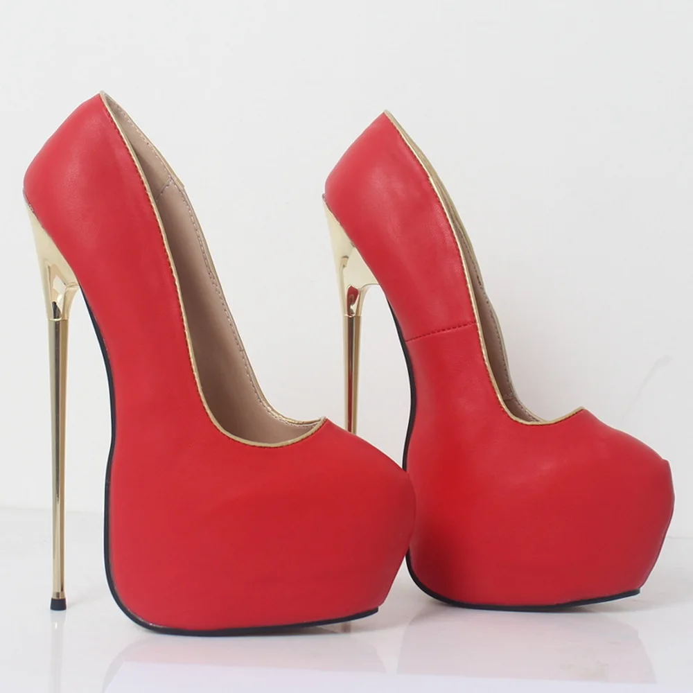 รองเท้าส้นสูงโลหะ 22 ซม., รองเท้าส้นตึกสำหรับผู้หญิง, รองเท้าเต้นรำสำหรับผู้ชายที่ชอบแต่งกายข้ามเพศ, หัวรองเท้าทรงกลม, สวมแบบสลิปออน, สีแดง, สีตามสั่ง