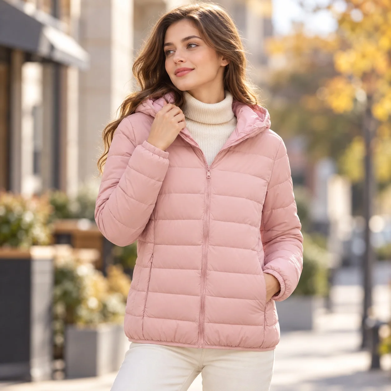 Hooded Thin Jacket Mid Length Commuter Style with Regular Fit Long Sleeve Casual Lightweight Zipper Closure Women Winter Jacket