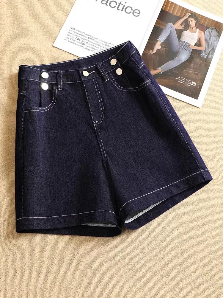 Deep Blue Denim Short Pants Women's Spring Autumn High Waist Loose A-Line Five-Pointed Pants Trendy Casual High Waist Jeans