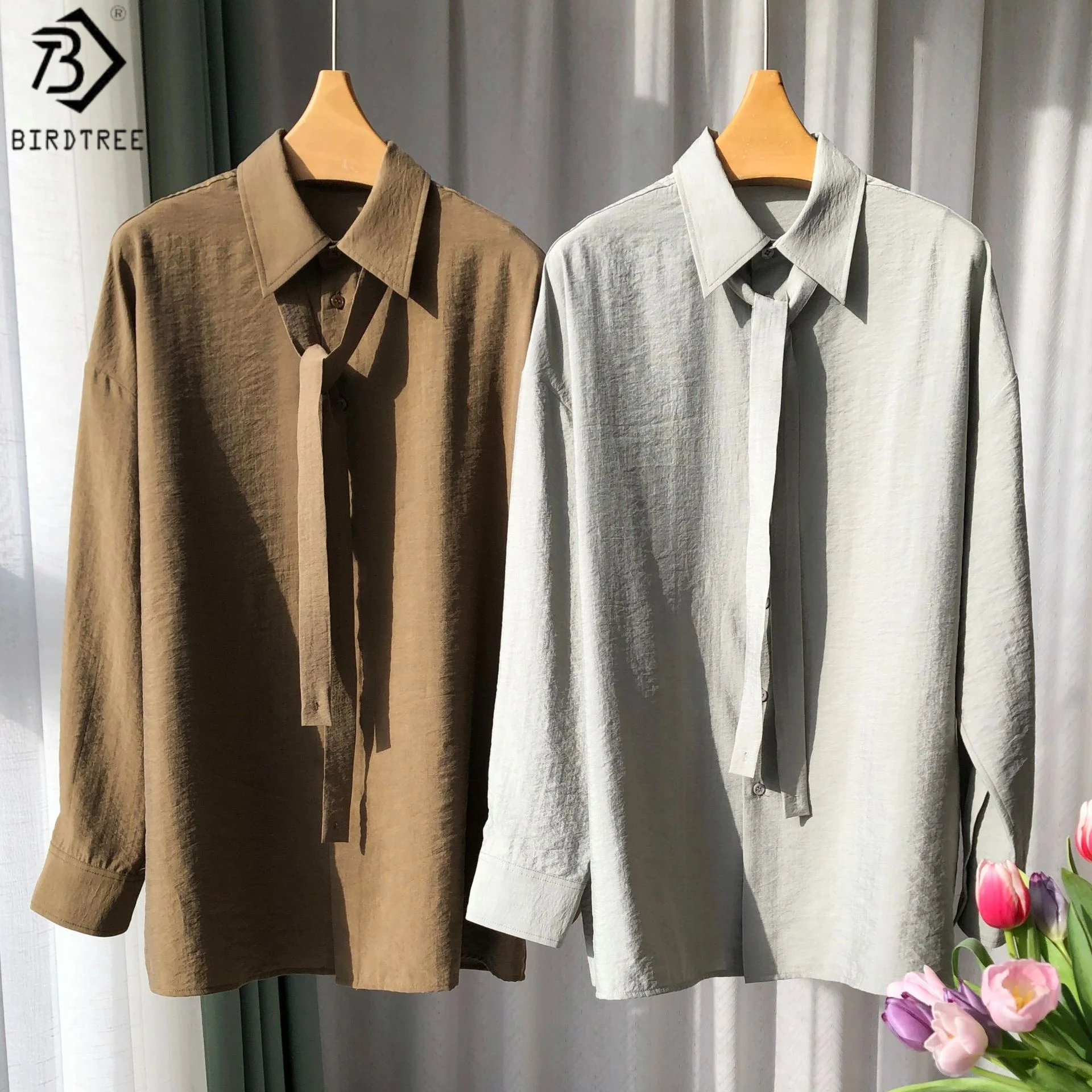 

Birdtree 76% Mulberry Silk 24% Nylon Shirt,Women Dry Silk Polo Collar Long Sleeve Solid Blouse With Tie,2025 New T57914JF