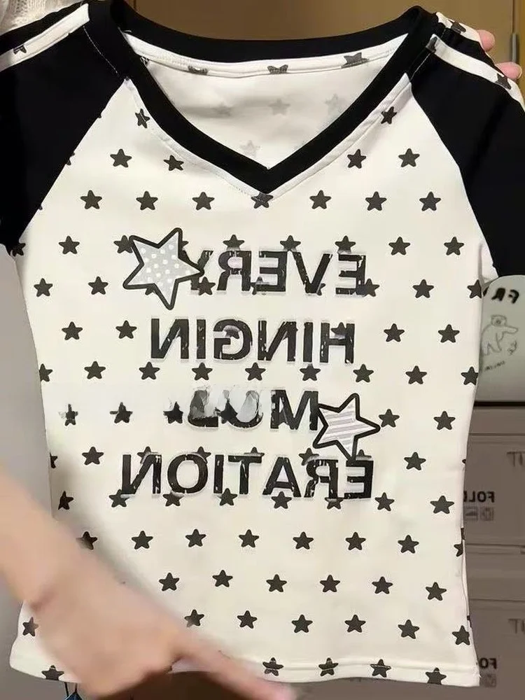 

Sweet And Cool Star Print V-Neck Short Sleeve Pure Cotton T-Shirt Women Summer Spicy Style Slim Fit Versatile Shoulder Insert...