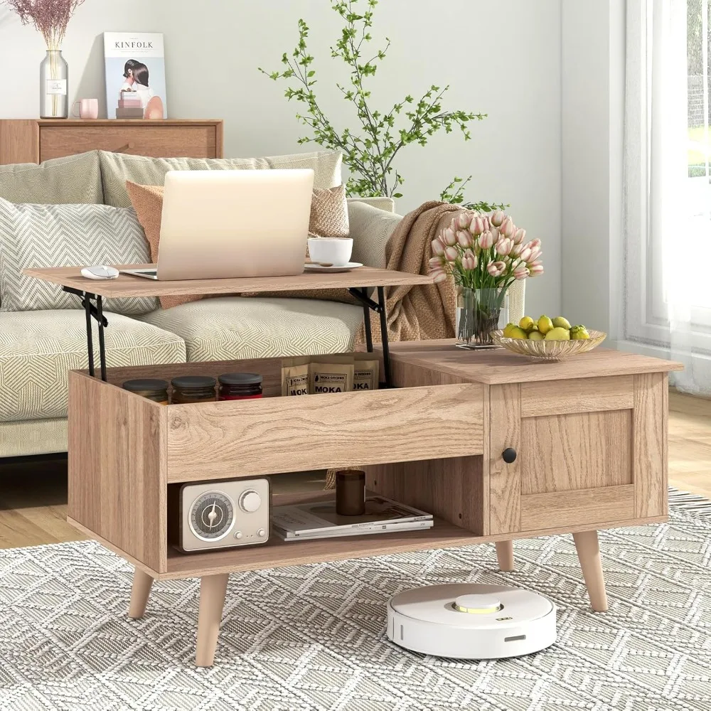 Lift Top Coffee Table,  with Hidden Compartment, Open Shelf & Cabinet, Wooden Flip Top Center Table, Pull up Coffee Table