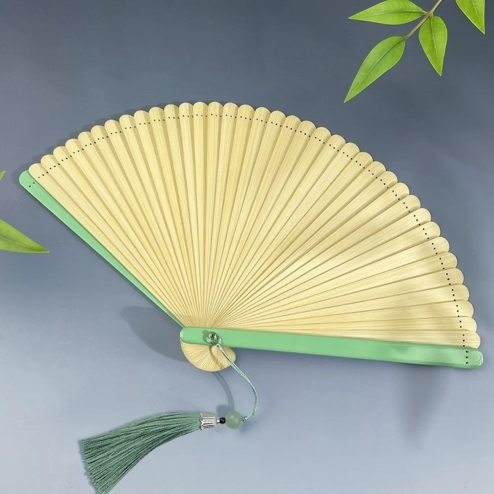 Ancient Style Bamboo Folding Fan with Tassel Portable Chinese Fan Classical Exquisite Hand Cranked Fan Wedding Party Decor