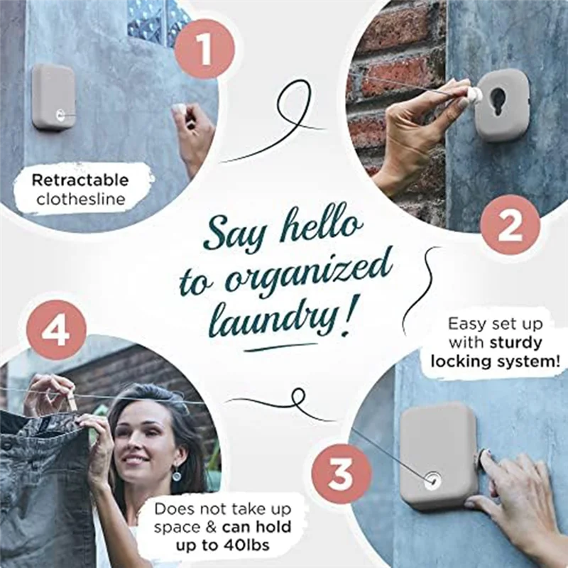 ABCL Retractable Clothesline Indoor And Outdoor Clothesline Clothes Drying Laundry Line Wall-Mounted Clothes Rack Durable , Grey