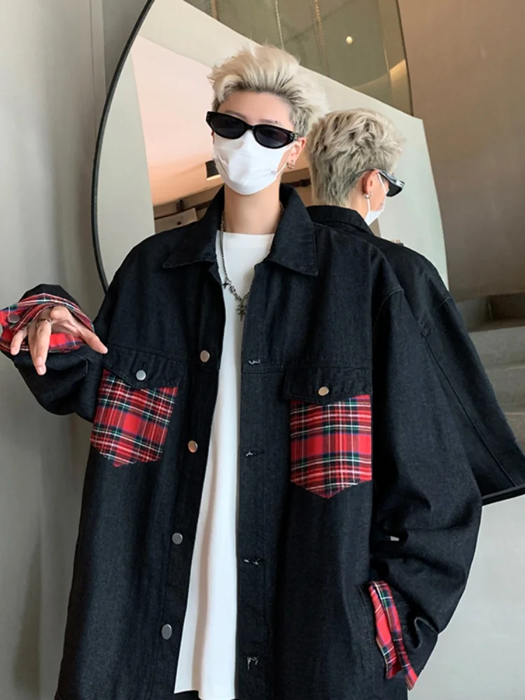 

Мужская джинсовая куртка в клетку с пэчворком, весна-осень, в американском ретро-стиле, для подростков, крутая рабочая одежда, свободный крой, удлиненная модель