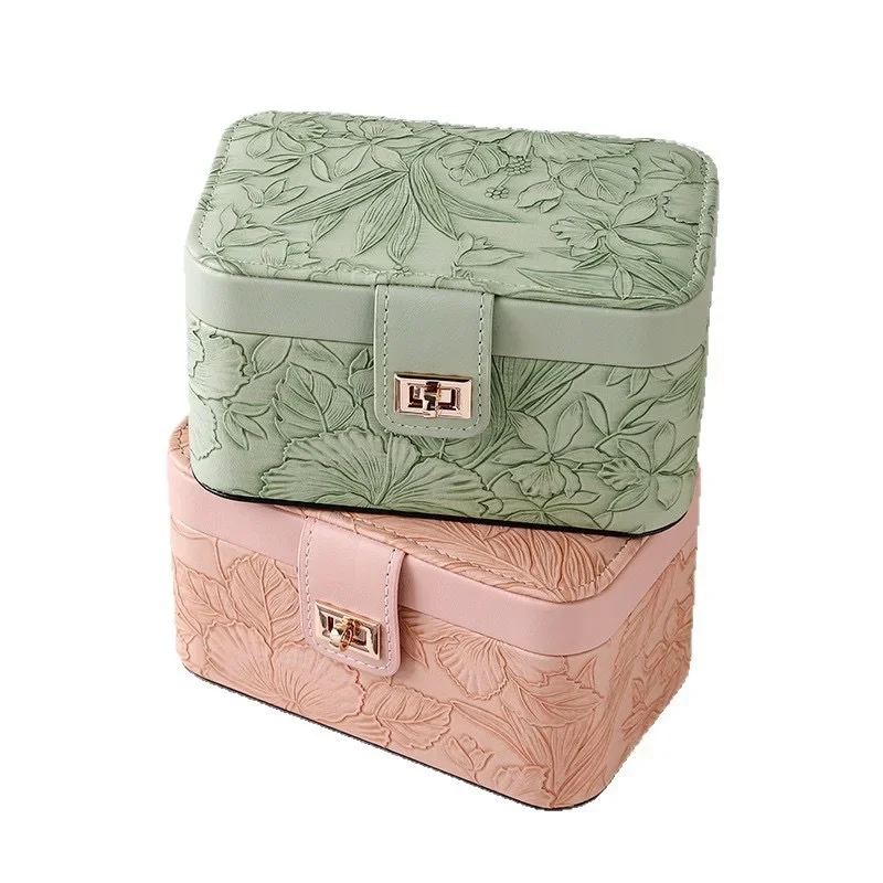 صندوق مجوهرات للساعة المحمولة، حقيبة تخزين صغيرة للسفر للخواتم والقلائد والأقراط وأحمر الشفاه مع فتحة حلقية قابلة للإزالة من جلد البولي يوريثان