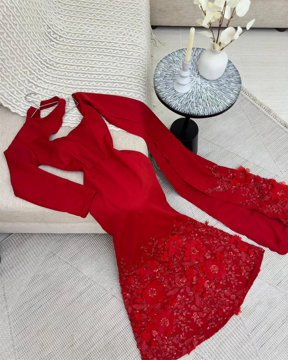 Customized Evening Dress Classic Red Jersey High Collar One Shoulder Long Sleeves Mermaid Appliques Beading Party Dresses