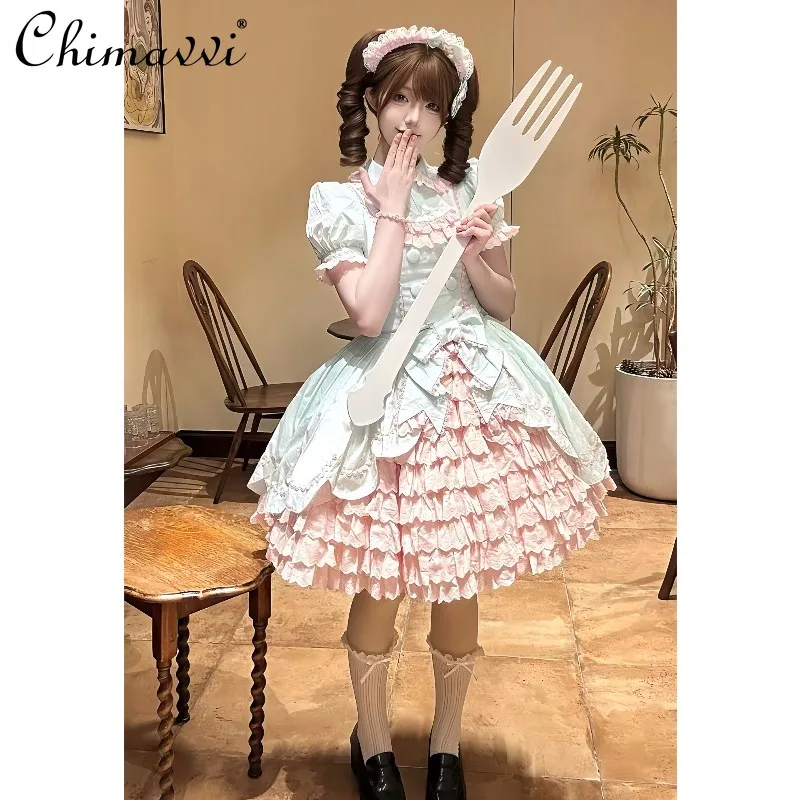 

Original 2025 New Design Pink and Green Layered Lolita Short Sleeve OP Dress Sweet Girl Womens Vintage Party Princess Dress