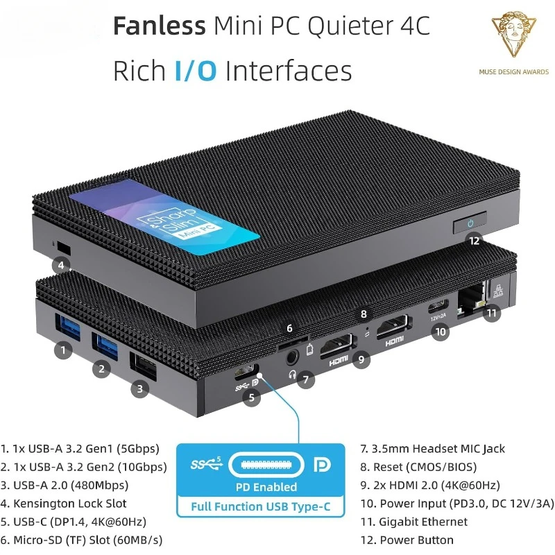 Mini PC Quieter 4C - 12th Gen N100, Fanless PC, 16GB Memory, 512GB Storage, 2.4/5G Wi-Fi, Full-Functional USB-C