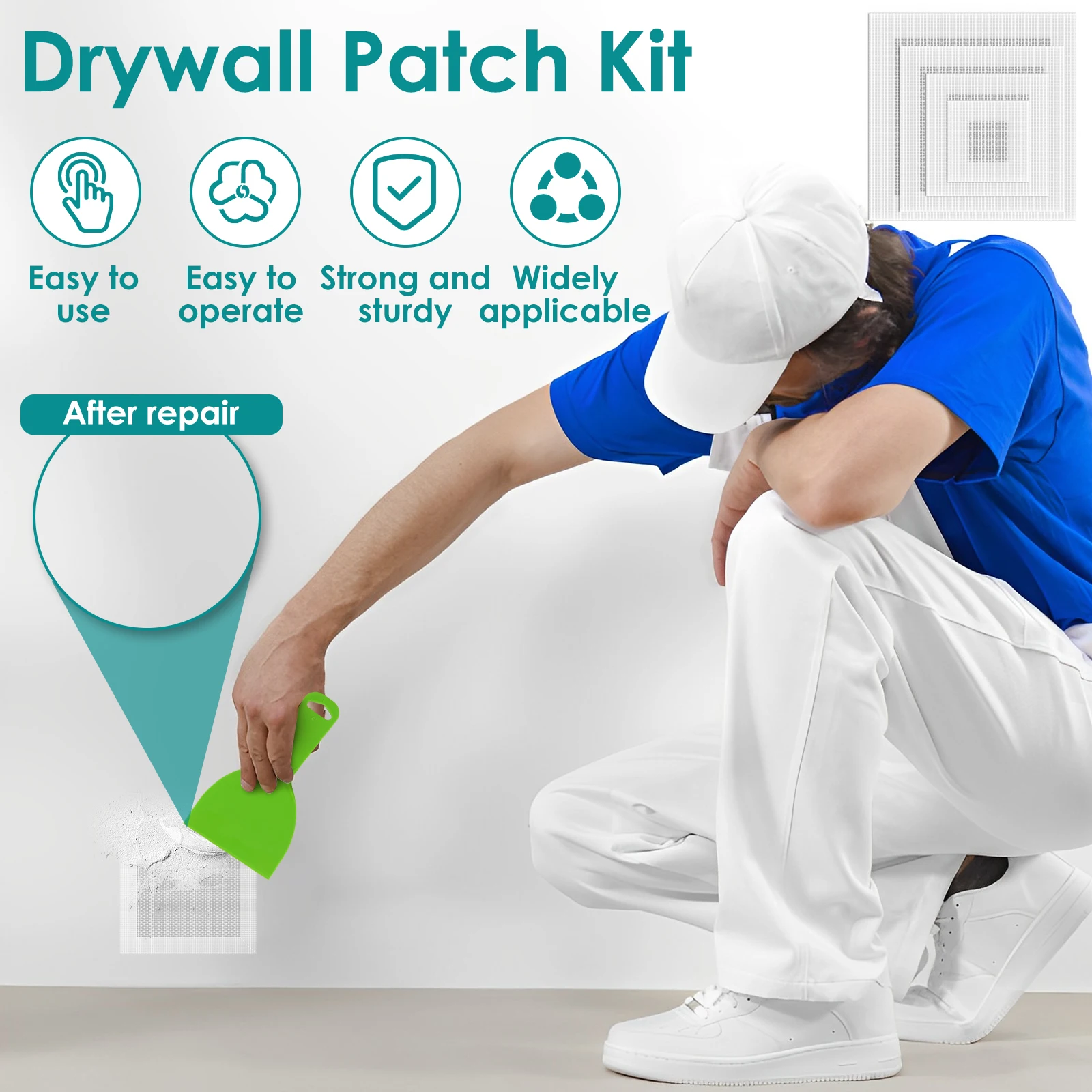 11Pcs Drywall Repair Kit 2/4/6/8inch Fiberglass Mesh Crack Patch Self Adhesive Wall Repair Patch with Scraper Metal Repairing