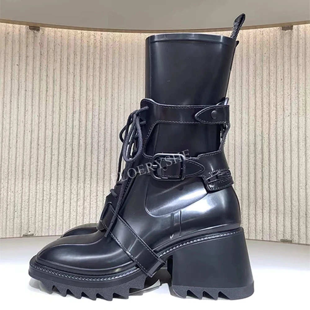 Zwarte Punk Dames Enkellaarzen Mat Leer Nieuws Solide Vierkante Neus Rits Dikke Hoge Hak Party Mode Coole Schoenen