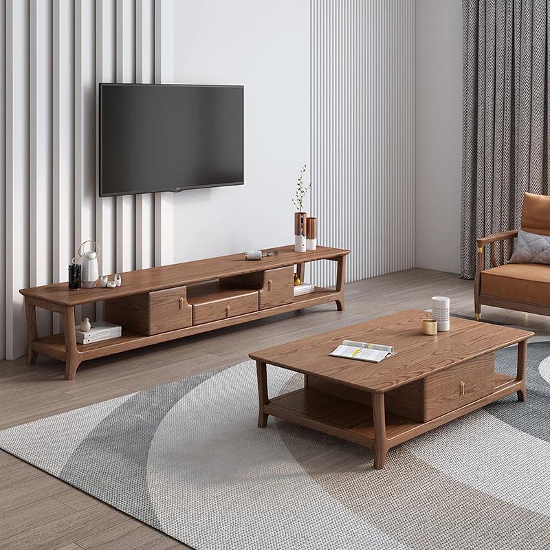 

Nordic solid wood coffee table TV cabinet combination modern simple small apartment ash wood tea table living room household tea