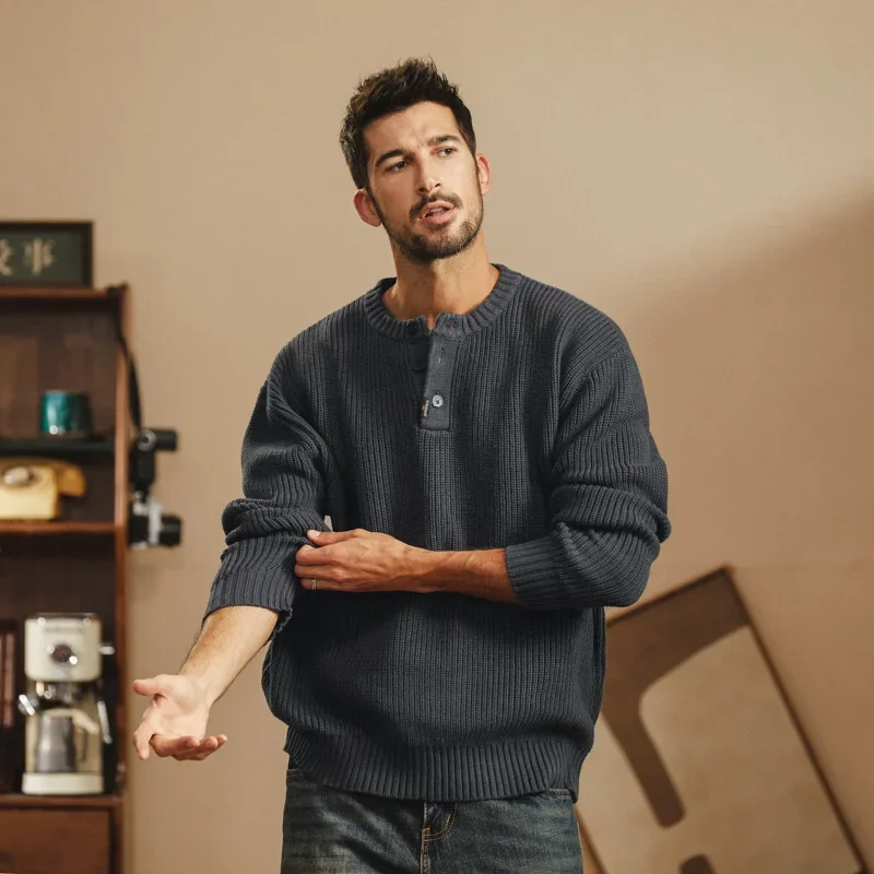 メンズヴィンテージニットヘビーセーター,高品質のアメリカンセーター,ゆったりとしたクルーネック,カジュアルブランド,ハーフカーディガン