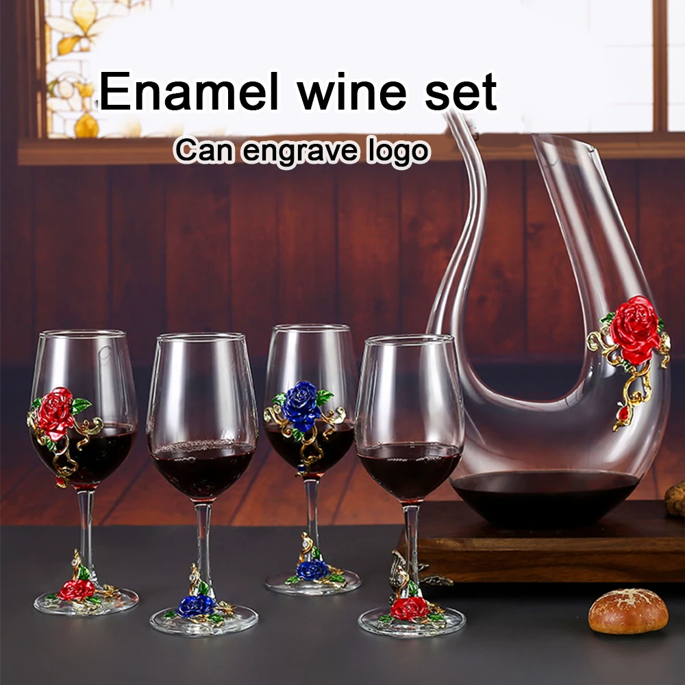 (Can Engrave Logo) 350ML Enamel Rose Crystal Red Wine Glass Decanter Set, Wedding Cups, Home Goblets, Can Match with Gift Box