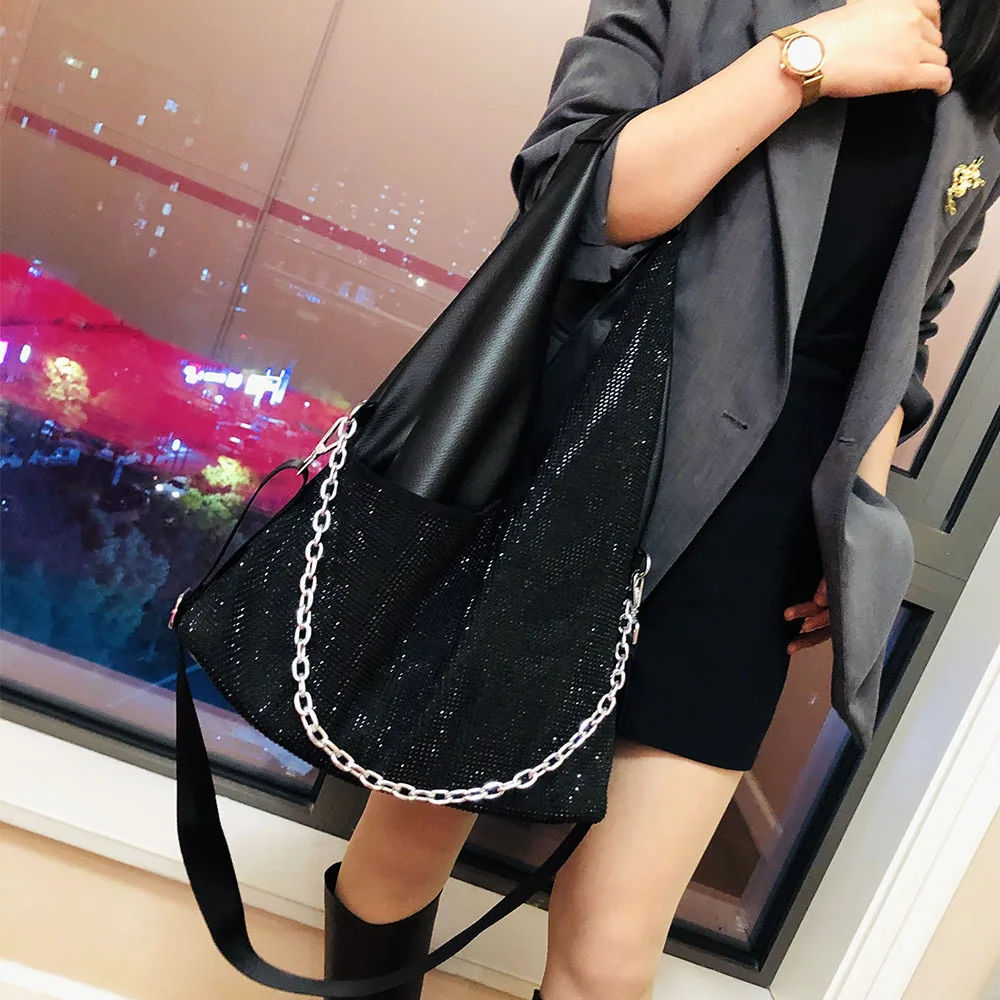 #6382-1 # European and American Trend Tote Big Bag New Women's Bag with Diamond Embedding Single Shoulder Bag Handbag