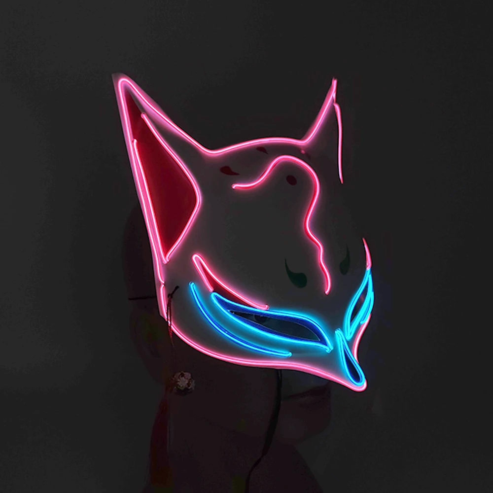 Neon Glow Japanese Fox Mask Halloween Dance Party Masquerade Cosplay Fox Disguise Mask Led Glow Party Fox Mask