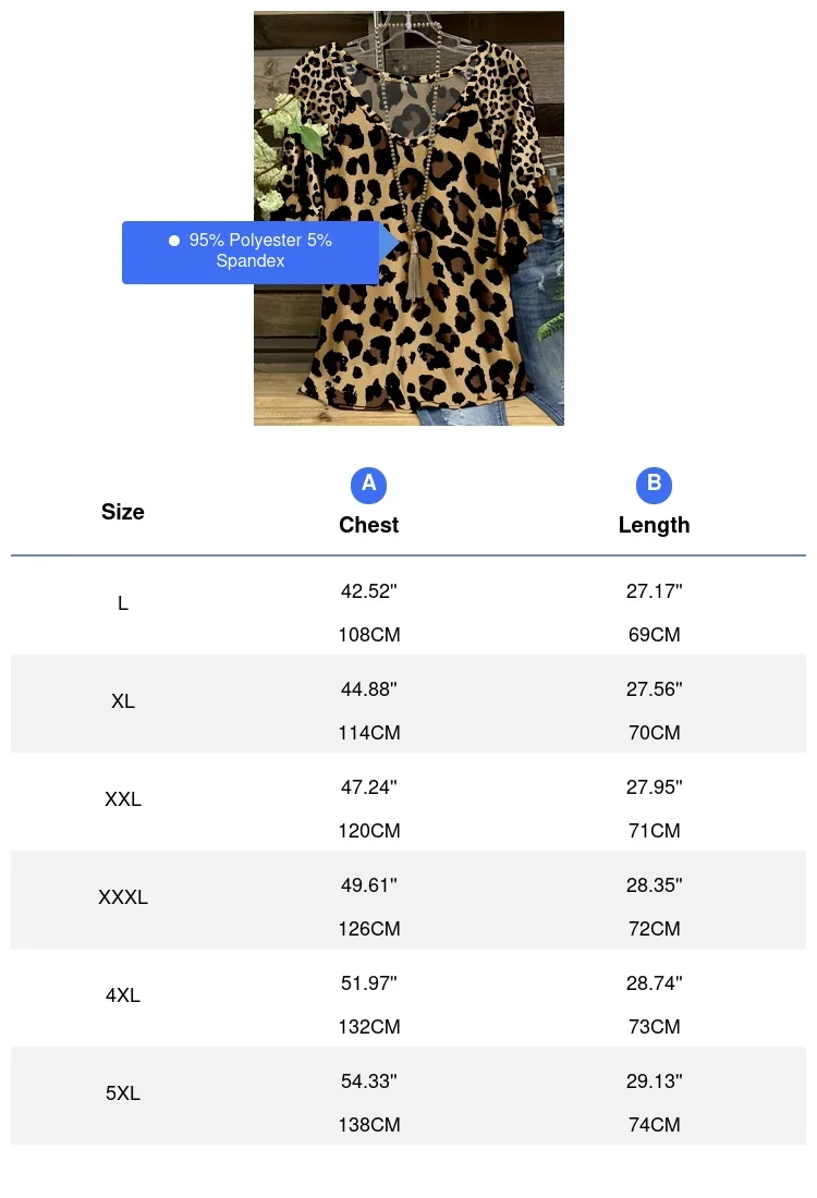 Plus Size Leopard Print T-Shirt Casual Short Sleeve Top Na Wiosnę i Lato Odzież Damska Plus Size