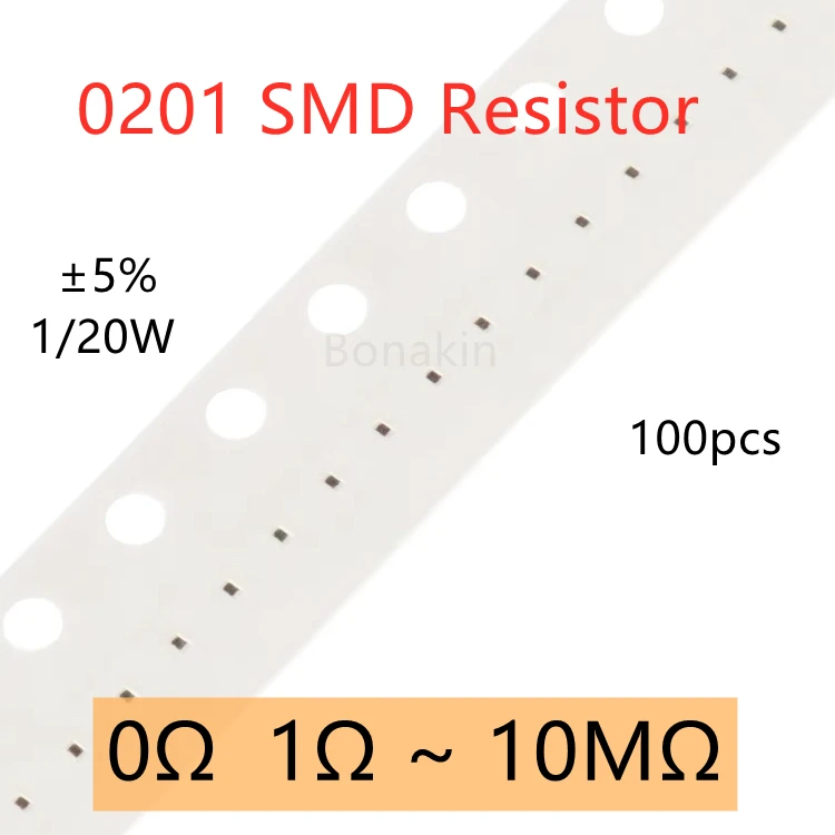 100pcs 0201 5% SMD Resistor 0R 1R 2Ω 3.3 ohm 5.1R 10R 20R 33R 51R 100R 150R 200R 240R 510R 1K 2K 4.7K 5.1K 10K 51K 100K 510K 1M