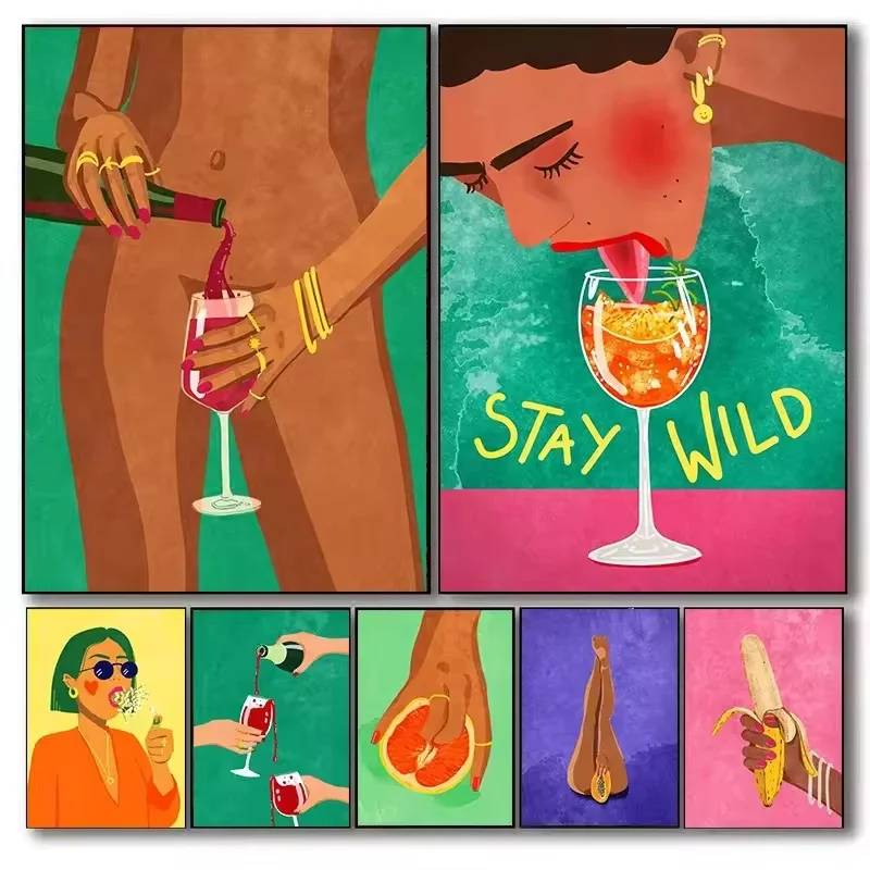 الملونة بوهو قماش اللوحة مثير فتاة شرب النبيذ الفاكهة مجردة جدار الفن الملصقات وطباعة جدار صور لغرفة المعيشة ديكور #4