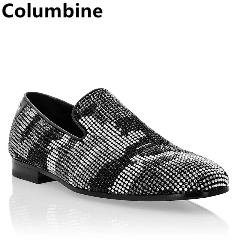 

Newest Fashion Men Handmade Spike Shoes Black Silver Gray Loafers Shoes Runway Shining Rivets Party Wedding Shoes Silver