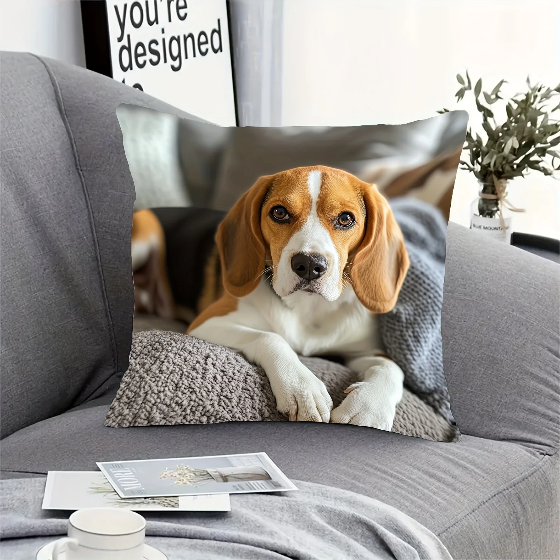 Beagle Dog Pillow Cover Realistic Pet Photo Decorative Cushion Case – 18x18 Inch, Zippered Machine Washable for Living Room