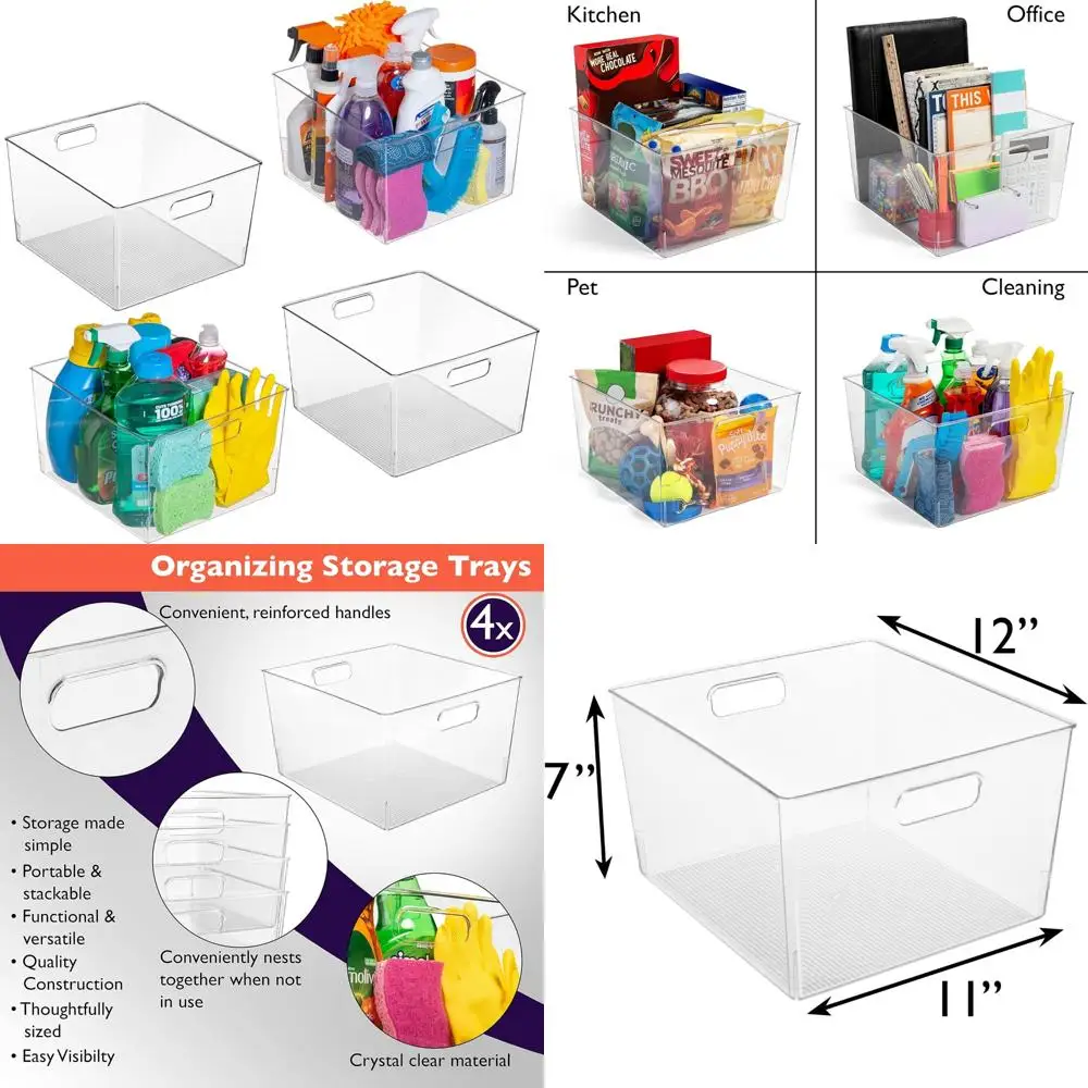 

Extra Large Clear Plastic Storage Boxes - 4 Pack, Ideal for Kitchen, Refrigerator, Pantry, and Cabinet Organization