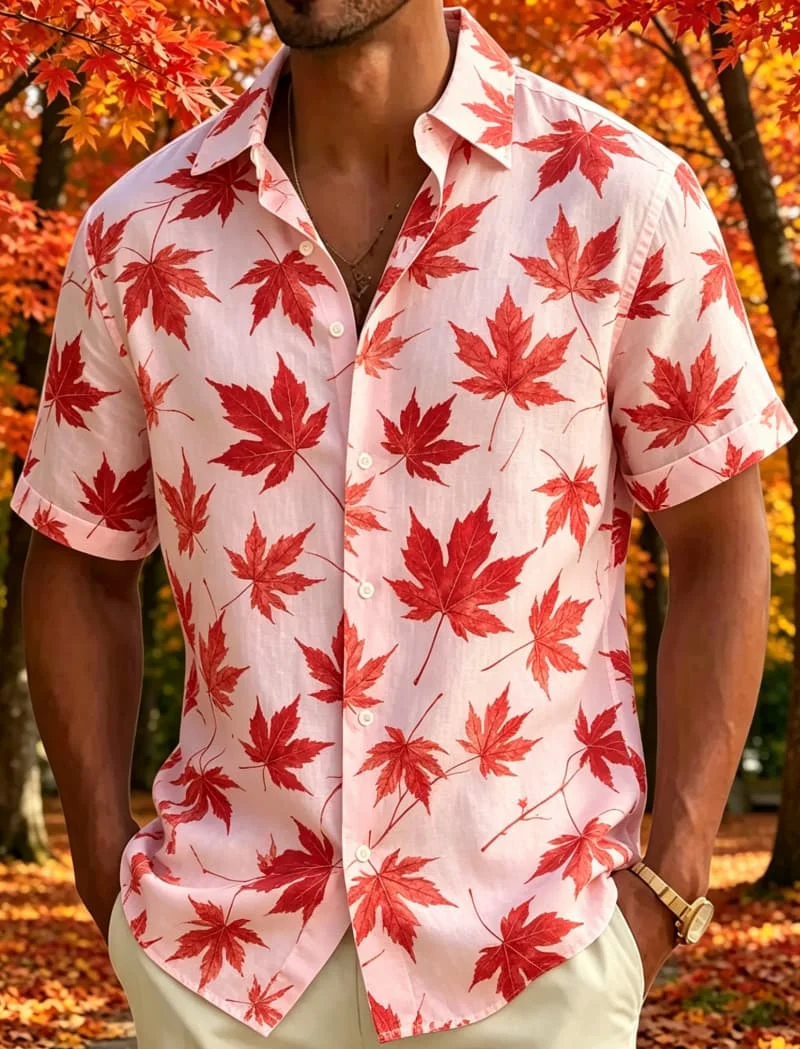 Men's Leaf Print Tropical Short Sleeved shirt, Suitable For Summer wear, Casual activities, And Versatile Natural Style