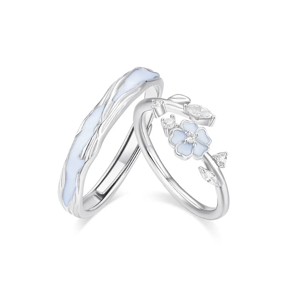 925 Silver Camellia Night Light Couple Ring with Adjustable Size for Men and Women Valentine's Day Romantic Jewelry Gift